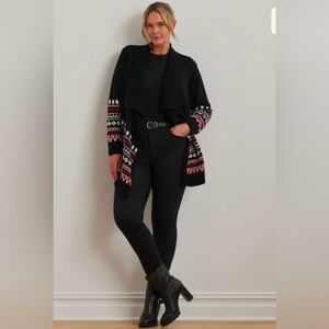 Lauren Ralph Lauren Blk Red And White Fair Isle Knit Shawl Cardigan NWT Sz Small